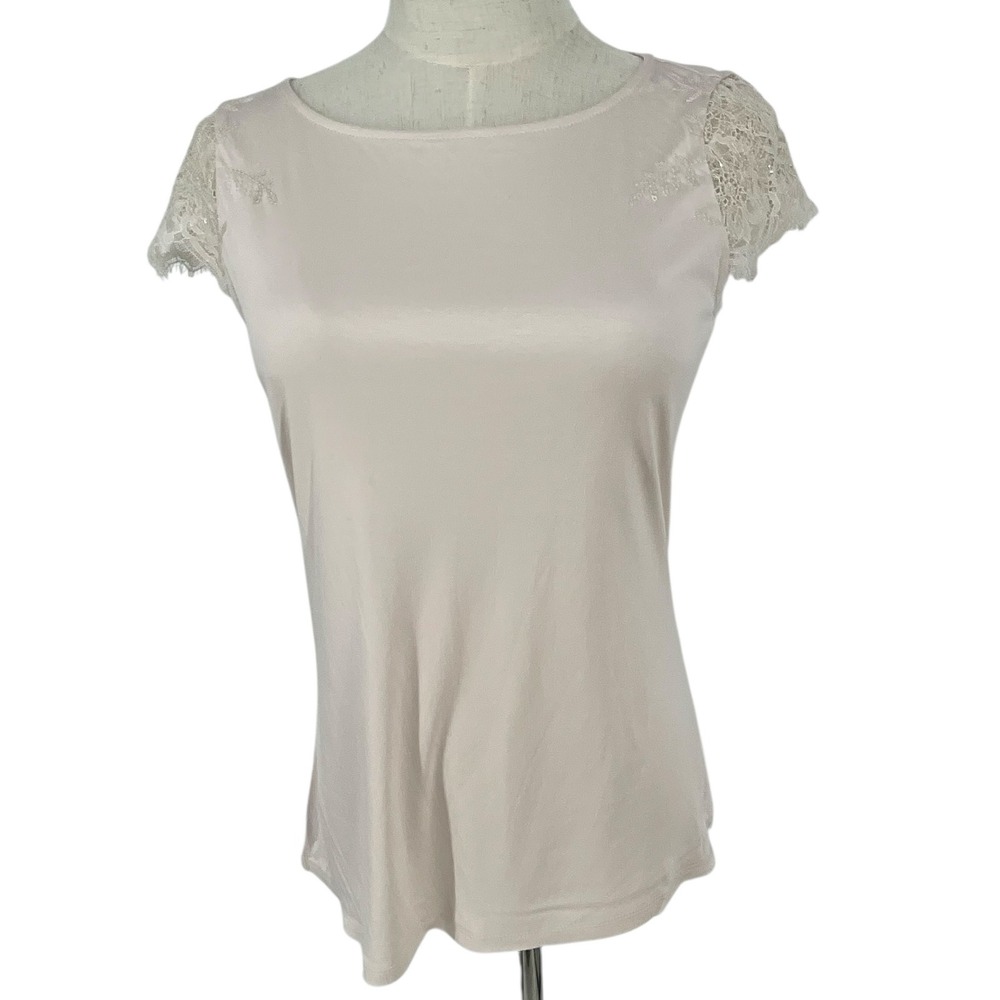 White House Black Market Womens Lace Sleeve Sequins‎ Sheer Shirt XS Cottagecore